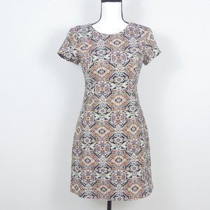Zara Trafaluc Metallic Earth Tone Brocade Boho Retro Print 60's Mod Dress